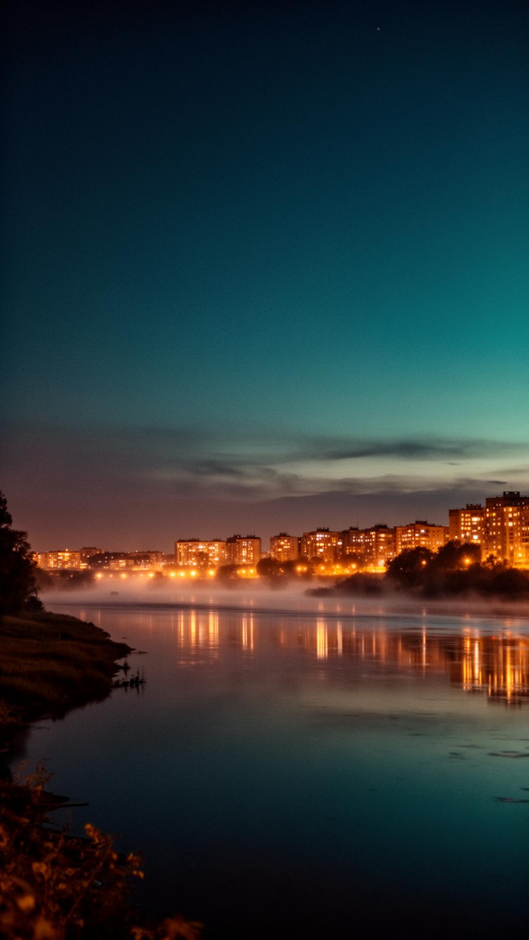 The Boston skyline at night, fog drifting over the Charles River, warm amber lights reflected in still water